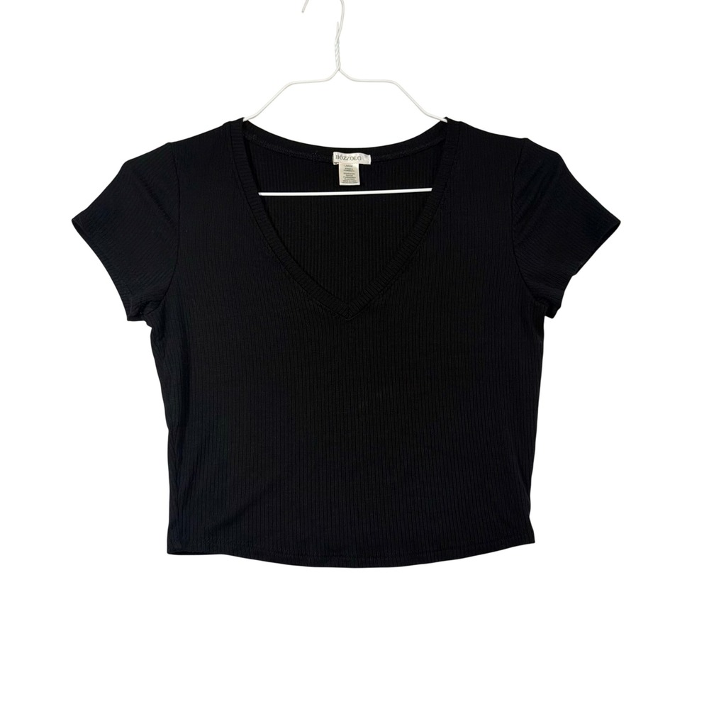 Bozzolo Black Ribbed V-Neck Short Sleeve Crop Top Shirt Large